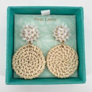 Pink Linen Cream Beige Floral Beaded Rattan Dangle Earrings Boho